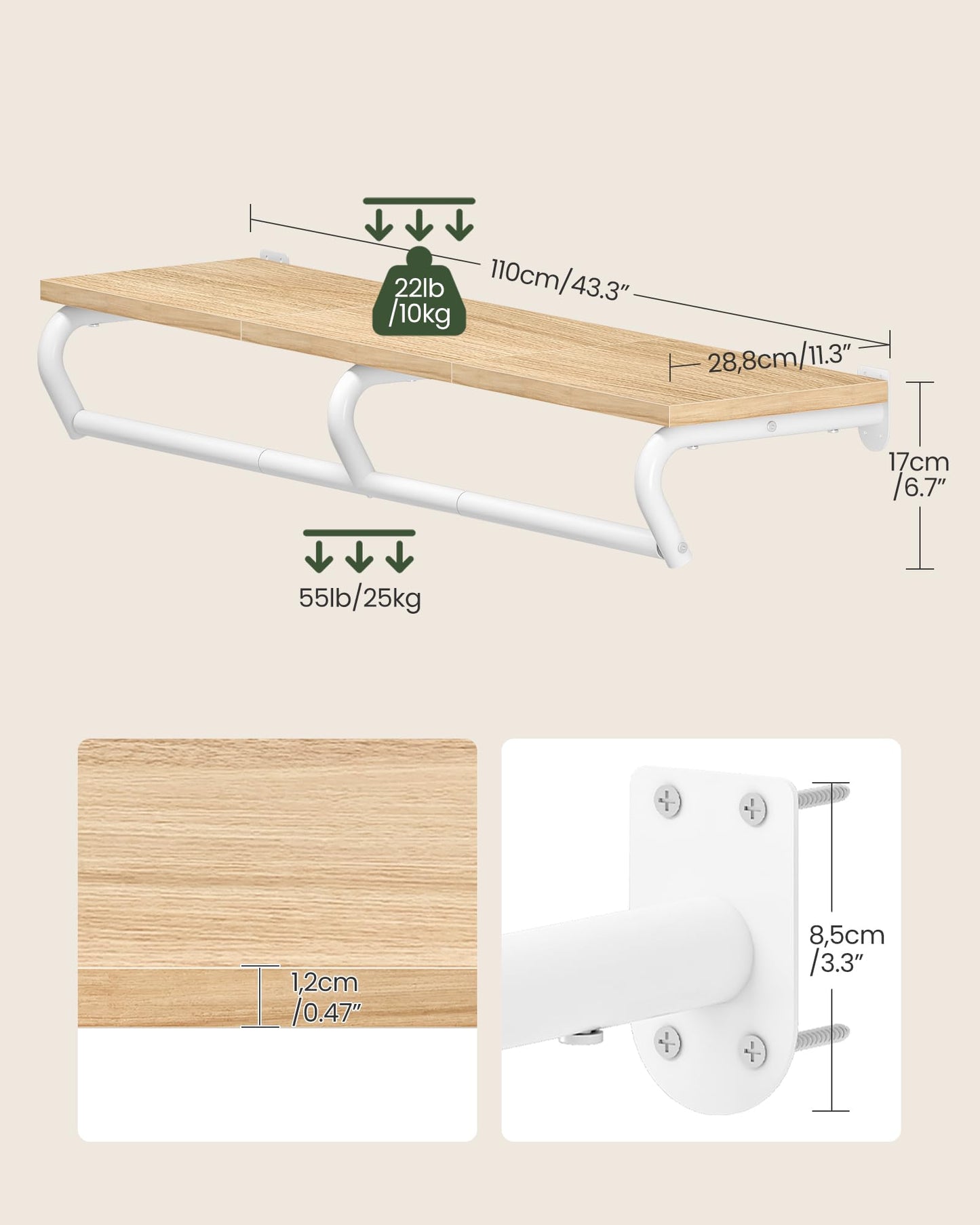 CHOEZON Wall Mounted Clothes Rack, Metal Garment Rack with Top Shelf, 110 cm Laundry Storage Shelf with Hanging Rod, for Laundry Room, Bedroom