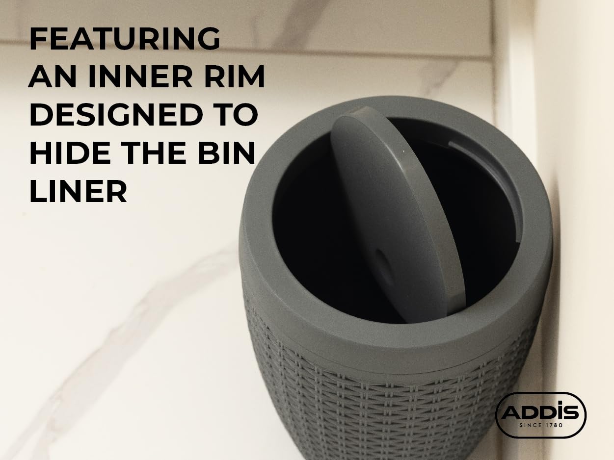 Addis Faux Rattan Round Swing Lid Bathroom Bin, Charcoal, 517488
