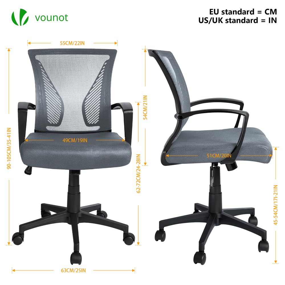 VOUNOT® Ergonomic Office Desk Computer Chair, Executive Swivel Chair with Armrest & Back Support for Home Office, Grey