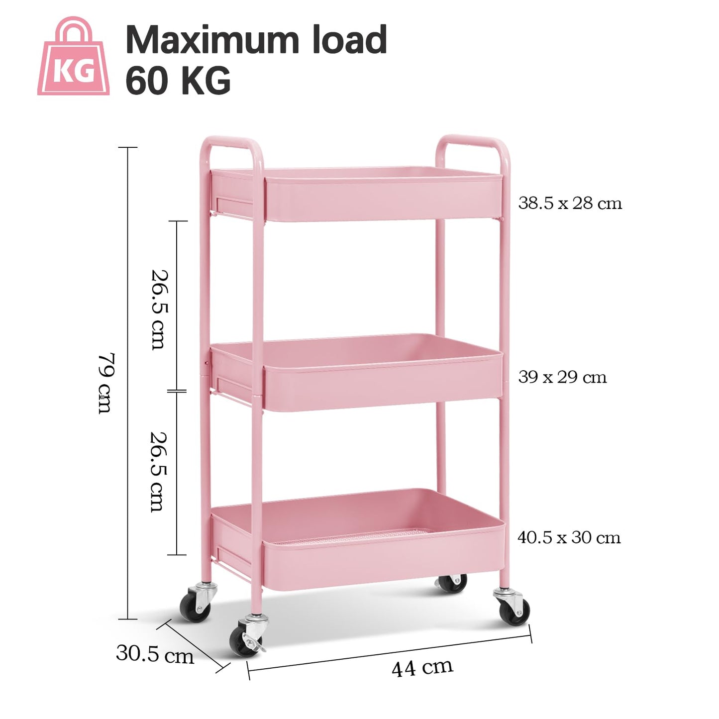 KINGRACK 3 Tier Metal Storage Trolley on Wheels