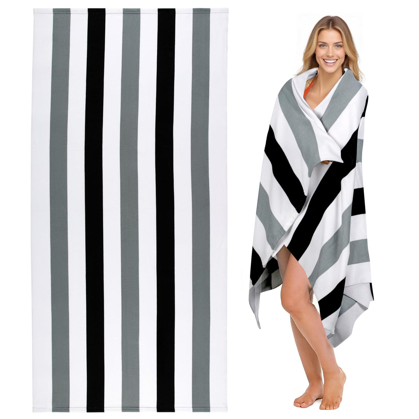 Ouxiaobai Large Oversized Beach Towel - Microfiber Sand Free 35 x 70 Inch Quick Dry Lightweight Pool Towel for Adults, Thin Striped Swim Towel (Black)