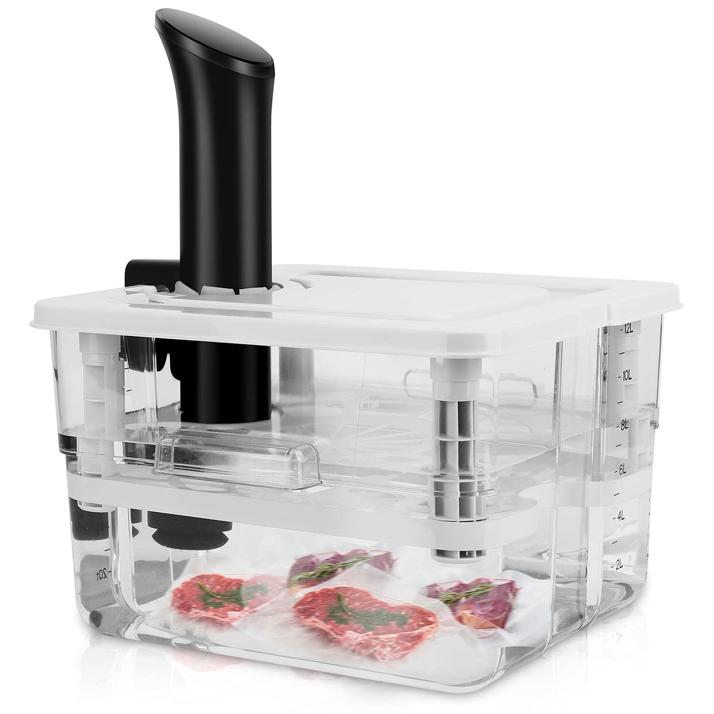 7 in 1 Sous Vide Container 12L with Lid & Rack, Large Kitchen Food Storage Container Compatible with Most Sous Vide Cookers for Kitchen Sous Vide Food