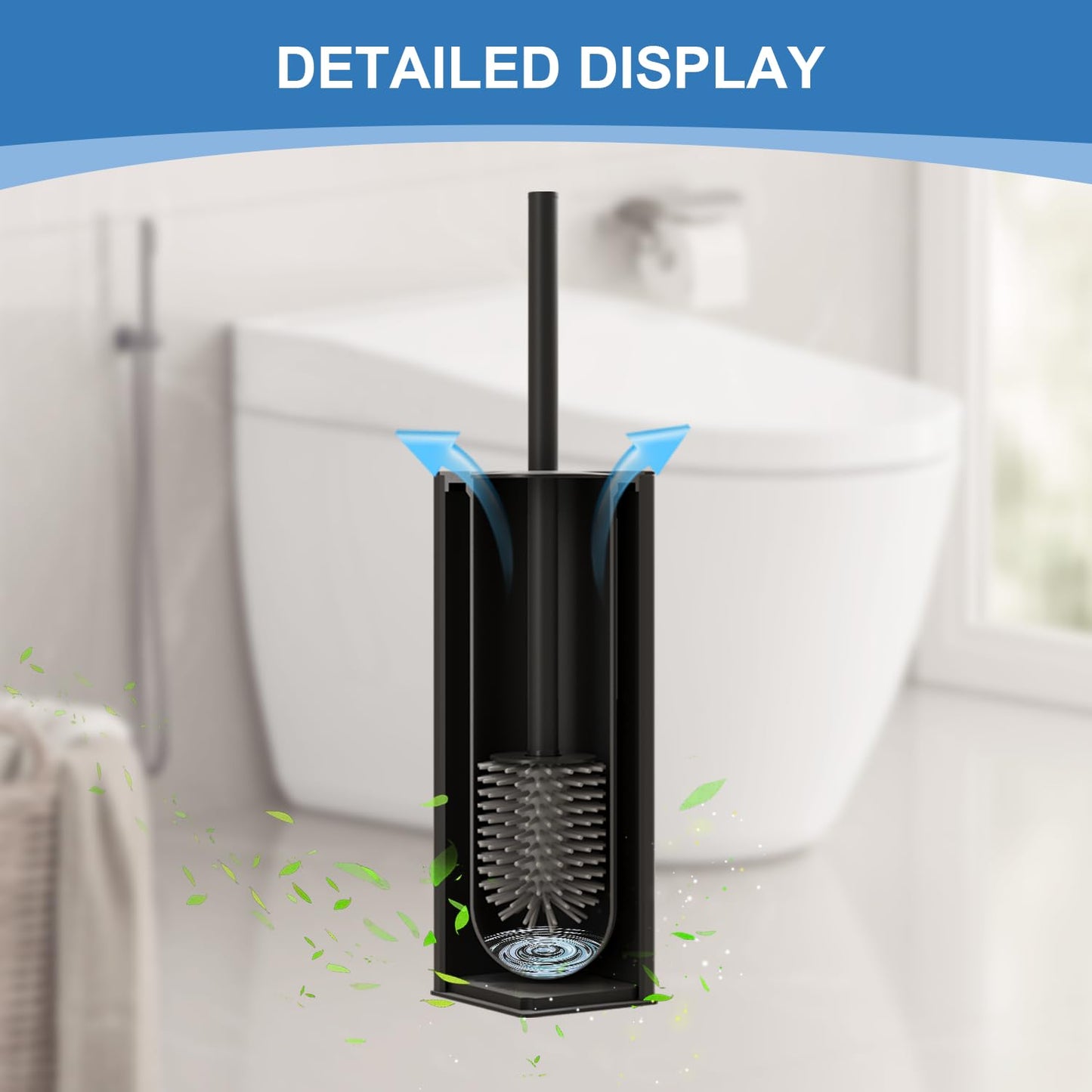 BGL Toilet Brush and Holder, Silicone Toilet Brush Holder 2 Brush Heads, Aluminum Square Loo Brush for Bathroom Cleaning, Toilet Brushes (Matte Black)
