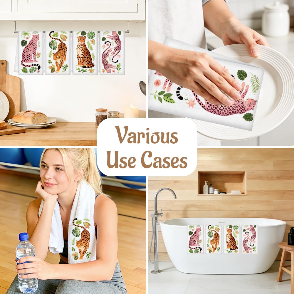 WADORN 4 Styles Leopard Kitchen Towels 16x24 Inch Microfiber Leopard Decorative Hand Dish Towels Spring Summer Soft Absorbent Quick Drying Tea Towel