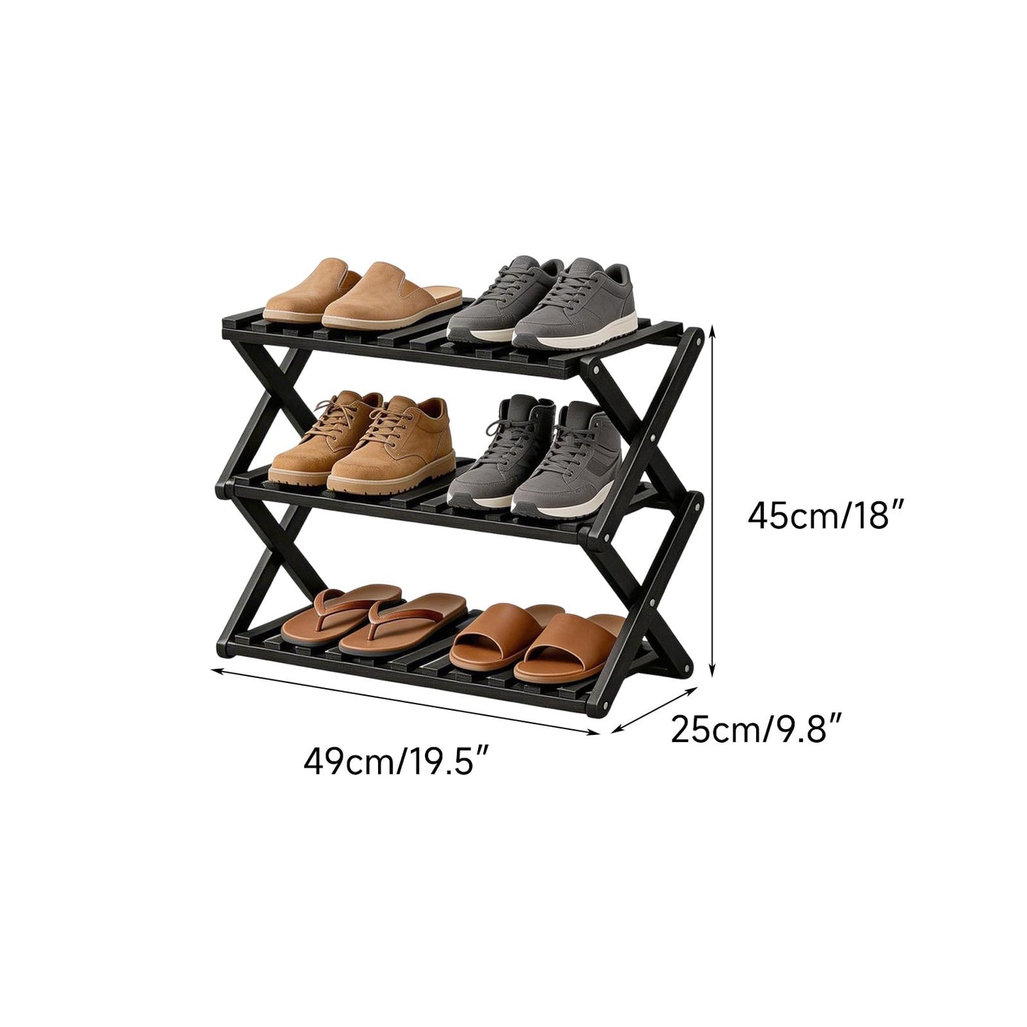 Momleix Folding Shoe Rack Black, 3 Tier Shoe Shelf Without Installation, Sturdy Bamboo Storage Organiser for Entryway Closet and Small Spaces