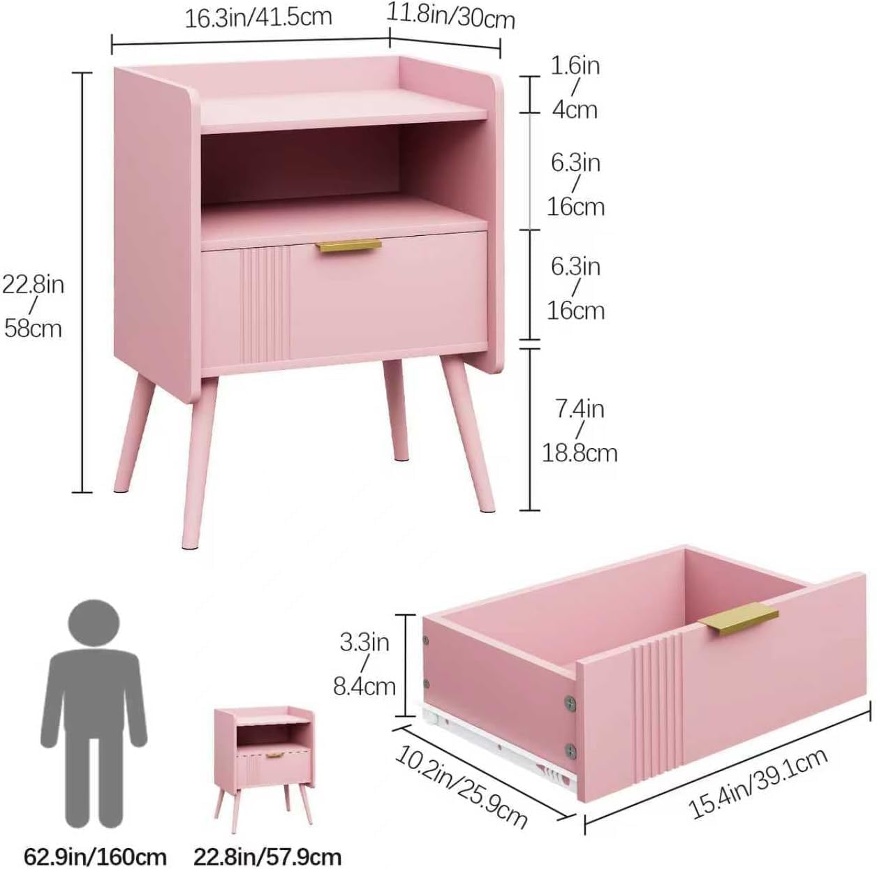 Bedside Table, Nightstand, Bed Side Table with Wood Decorated Drawers