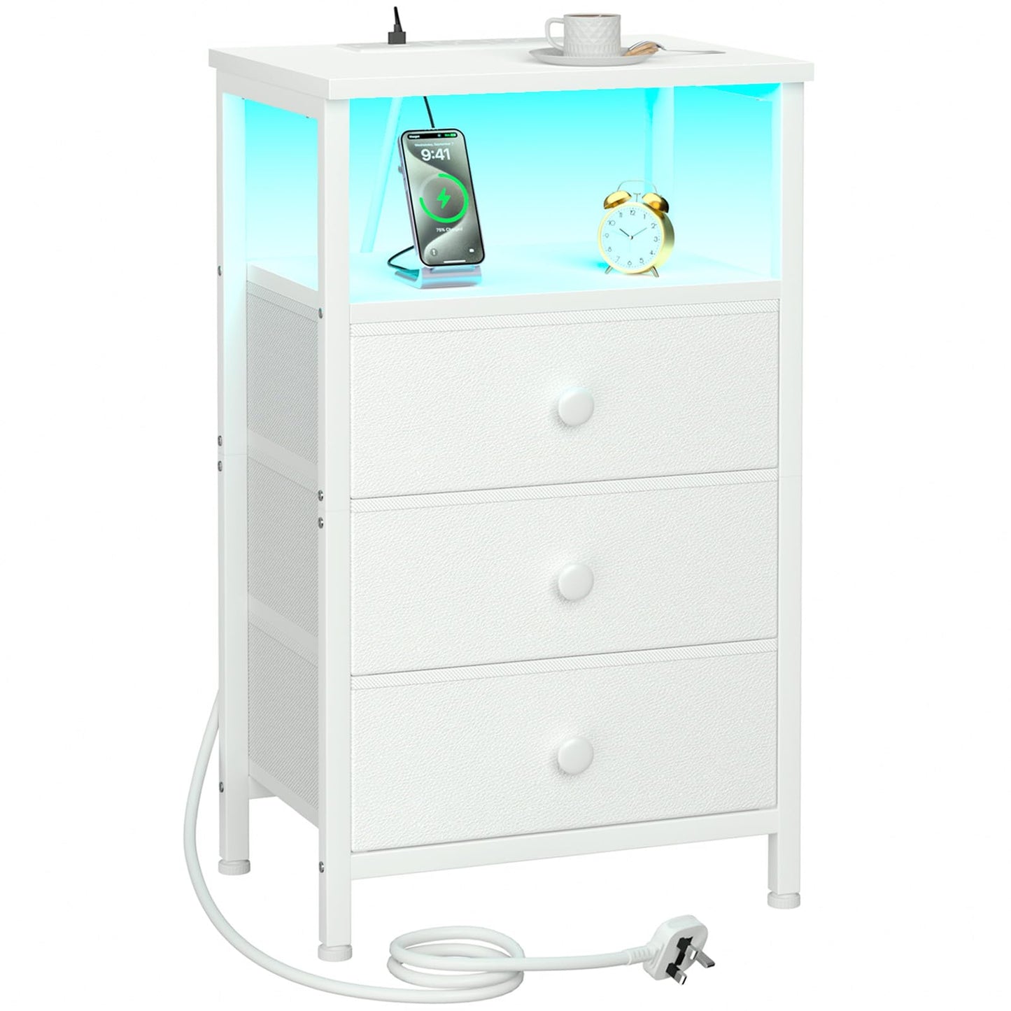 LOAKEKEL Bedside Table with Charging Station, Side Table with 3 Drawers
