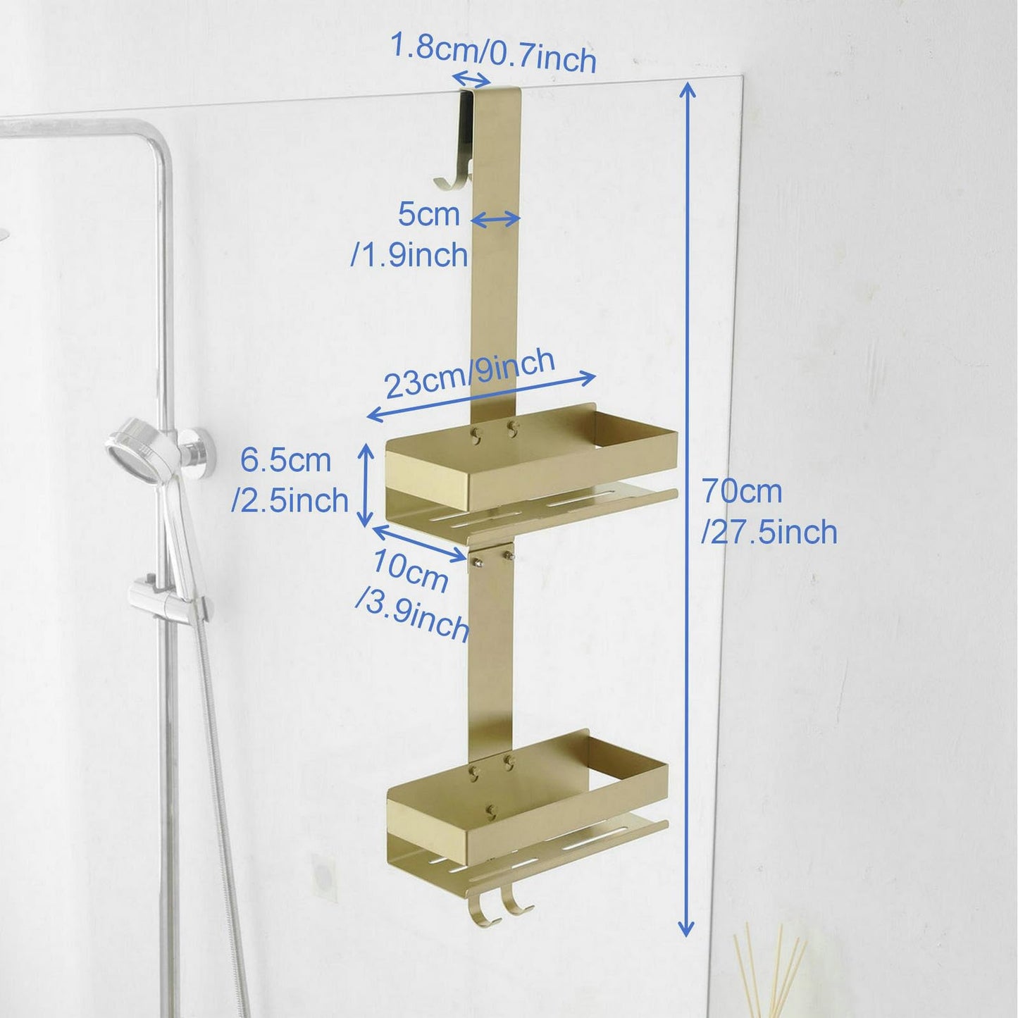 Hanging Over Door Shower Caddy - No Drilling Organiser Stainless Steel Shelves With Hooks - Gold Bathroom Rack Basket Tidy Storage