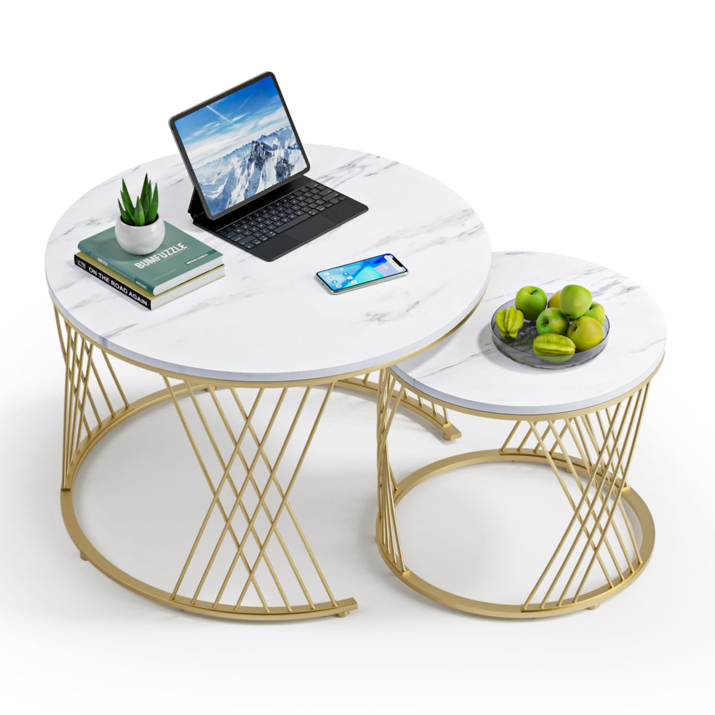 Skokliz Round Coffee Tables, Set of 2 Nesting tables for Living Room, Multi-functional Side Table with Gold Metal Frame for Bedroom Office Apartment