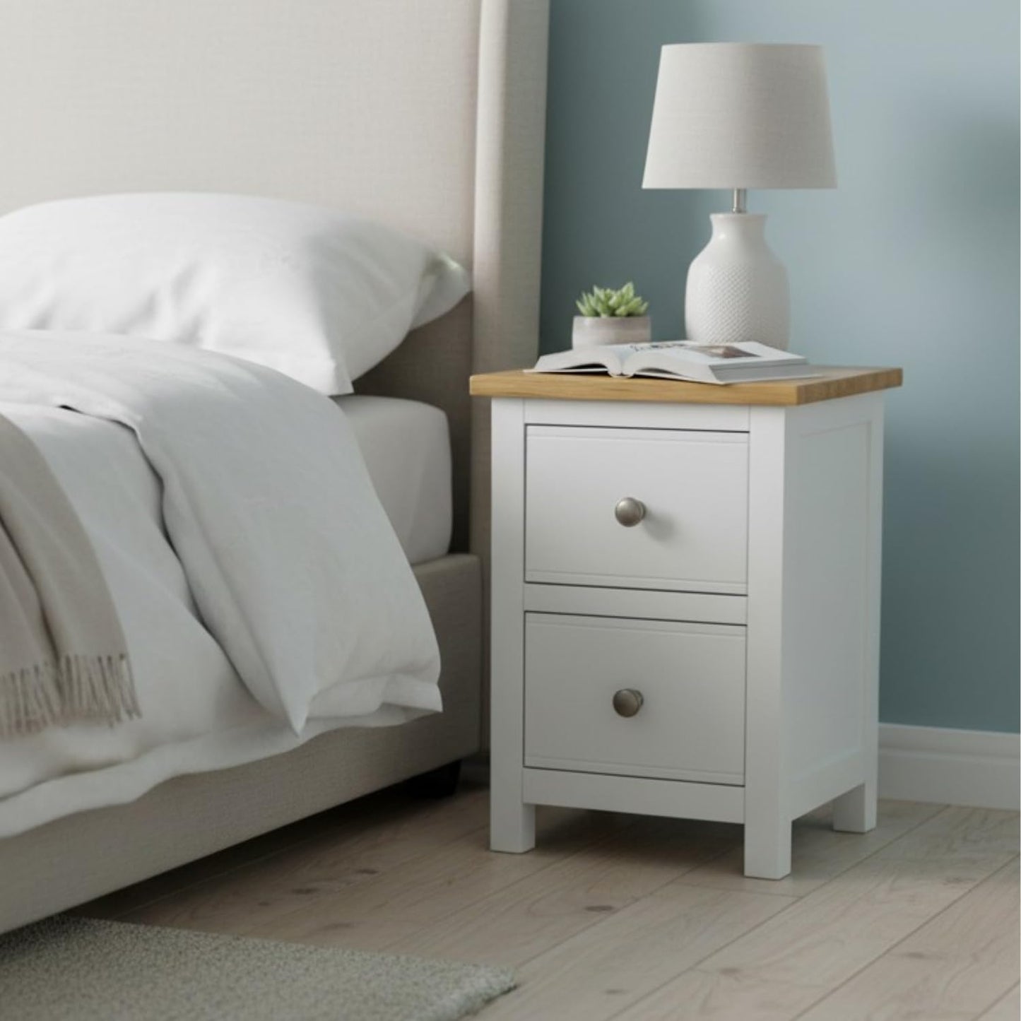 GROF GROFurniture Bedside Table 2 Drawers, Solid Wooden Side End Bedside Cabinet with Oak Top, Narrow Bedside