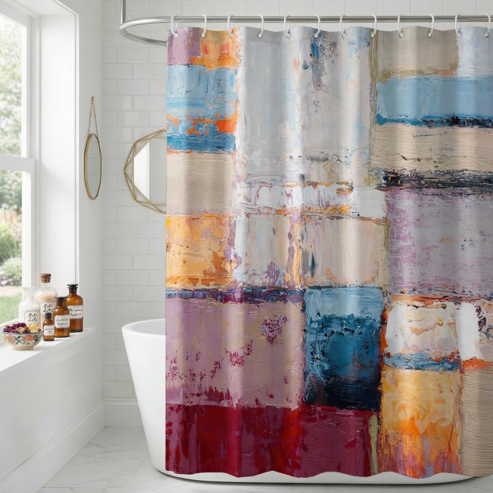 Rohxyzo Abstract Oil Painting Washable Shower Curtain 180 x 180 – Modern Impasto Colour Block Art, Polyester Fabric Shower Curtains for Bathroom