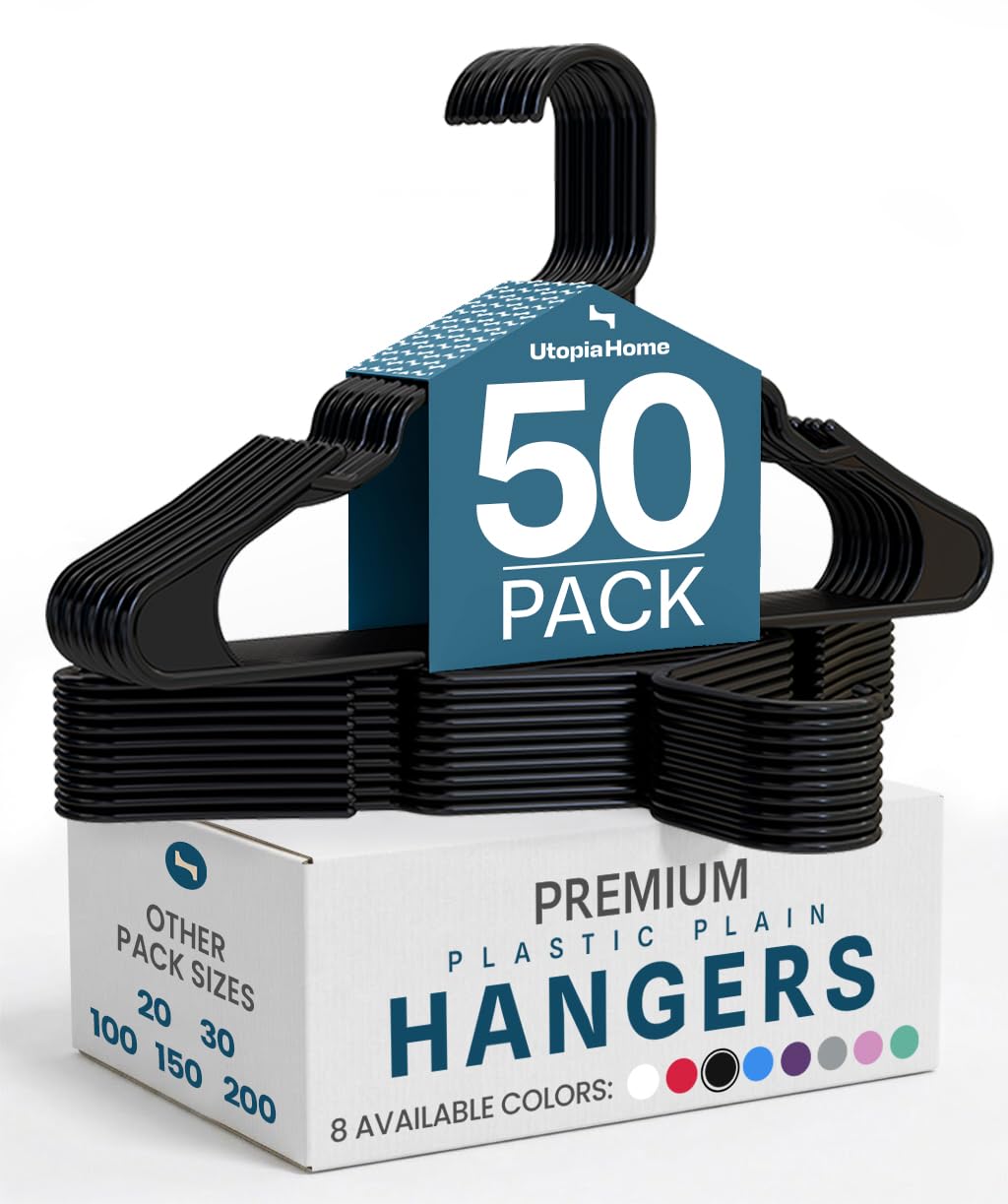 Utopia Home Clothes Hangers with grooves (50 Pack) 16.14"/41cm wide, Heavy duty Plastic hangers for Coat (Black)