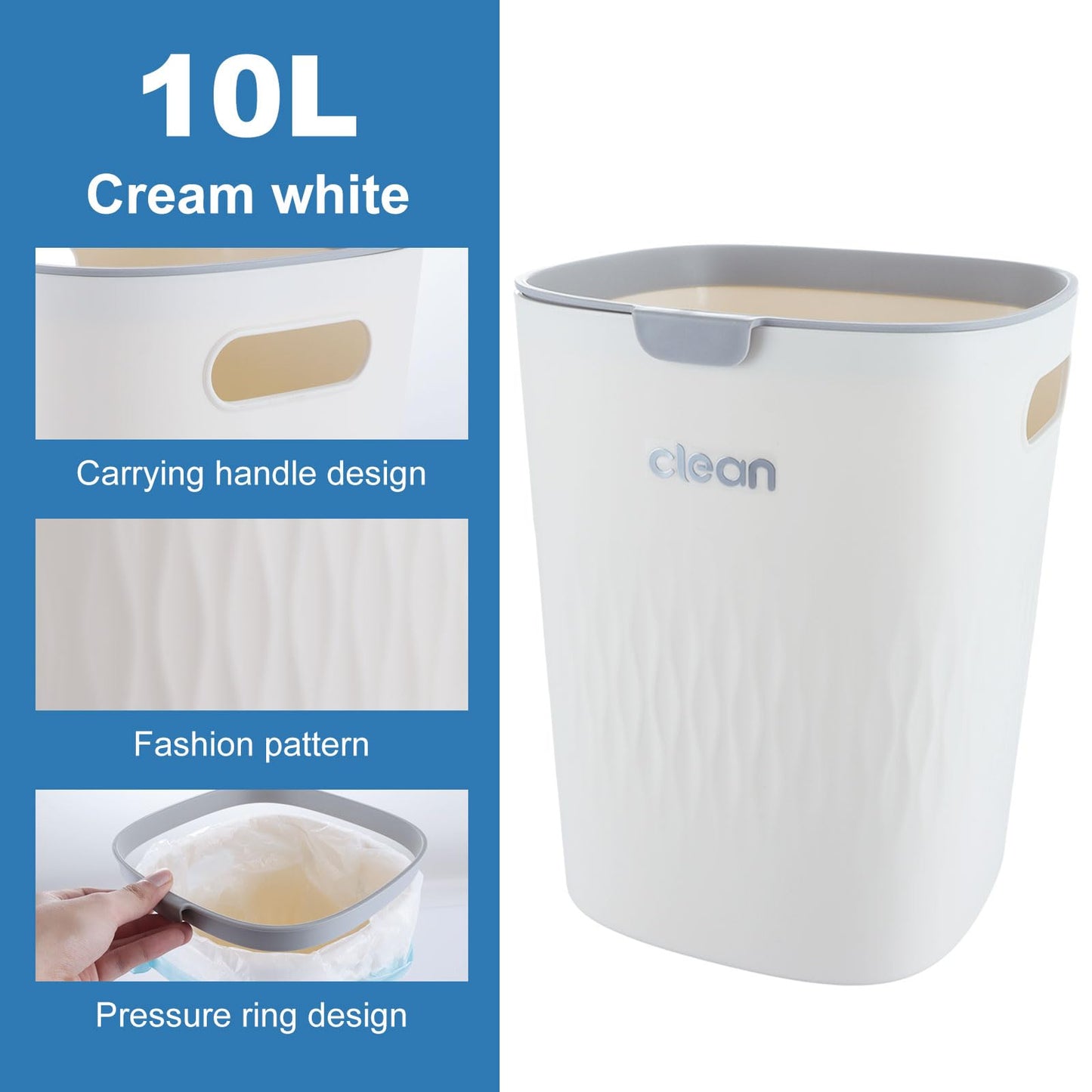 ASelected Trash Bin 10 L Kitchen Trash Can Pressure Rings Design Cream White Square Trash Can For Kitchen,Bathroom Office Living