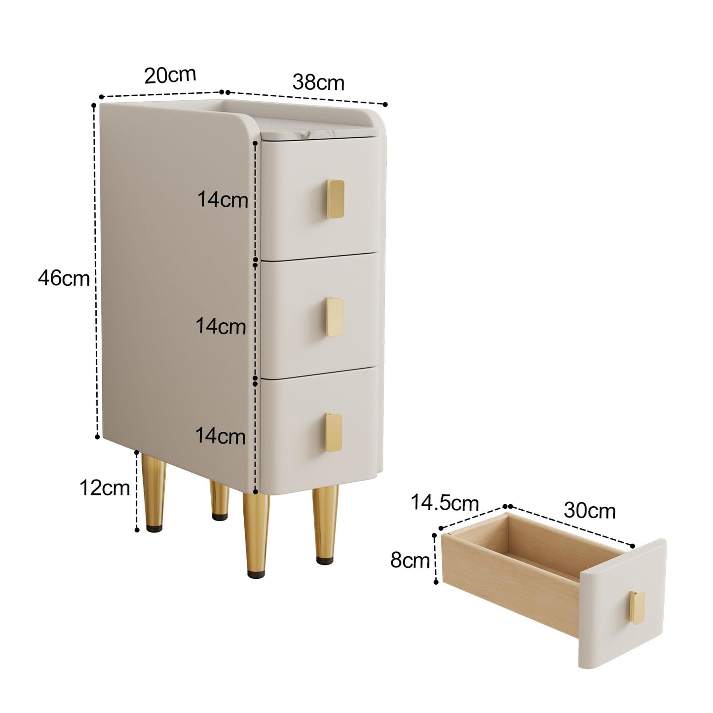 AQIMUELE Narrow Nightstand, Side Table with 3 Drawers, Bedside Cabinet with Elegant Leather Surface, Night Table for Bedroom, Living Room