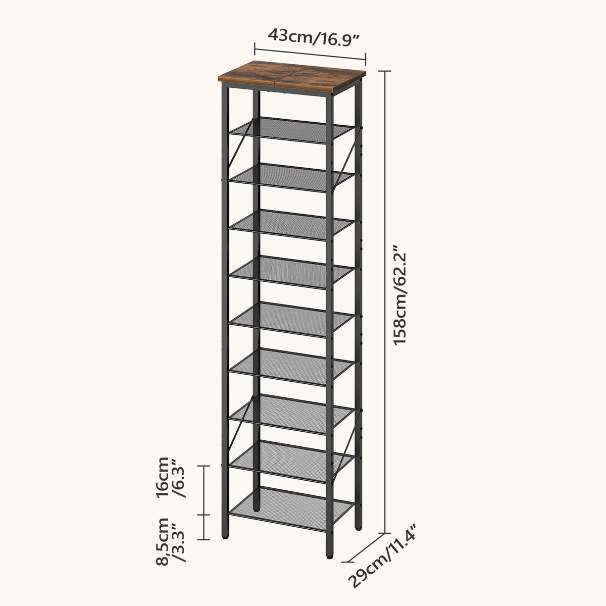 MAHANCRIS 10-Tier Narrow Shoe Rack, Vertical Shoe Storage Organizer, for 12-24 Pairs, Shoe Shelf with Metal Frame, for Hallway, Entryway, Living Room