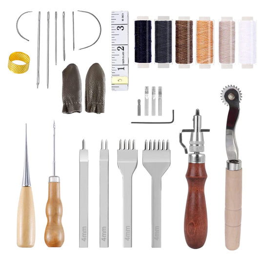 Leather Working Tools Kit, Leather Tool Set with Leather Groover, Prong Punch, Waxed Thread, Sewing Needles Leather Craft Tools for DIY Leather Hand