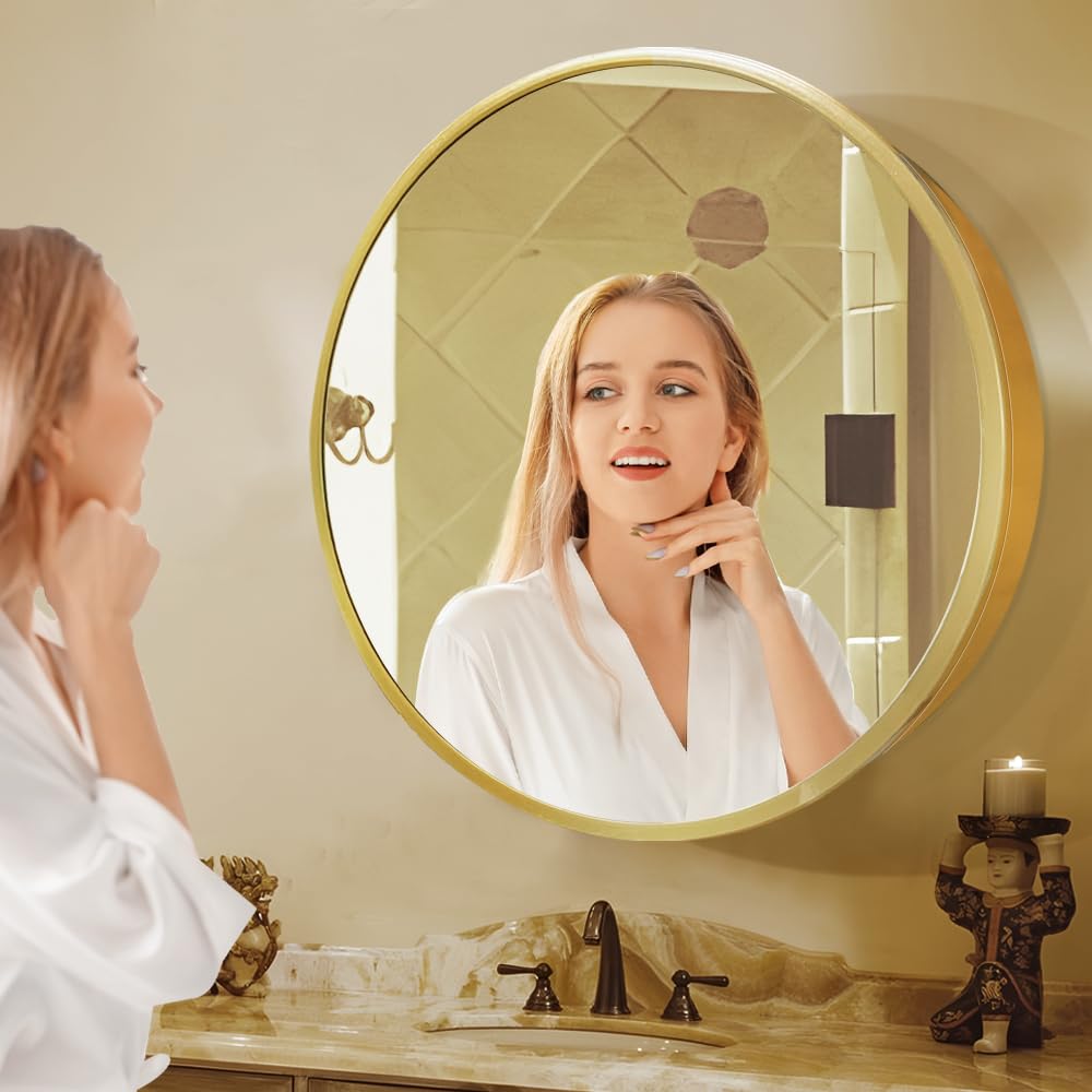 Janboe 61cm Round Mirror Cabinet,Aluminum Framed,Soft Close Hinge,Gold