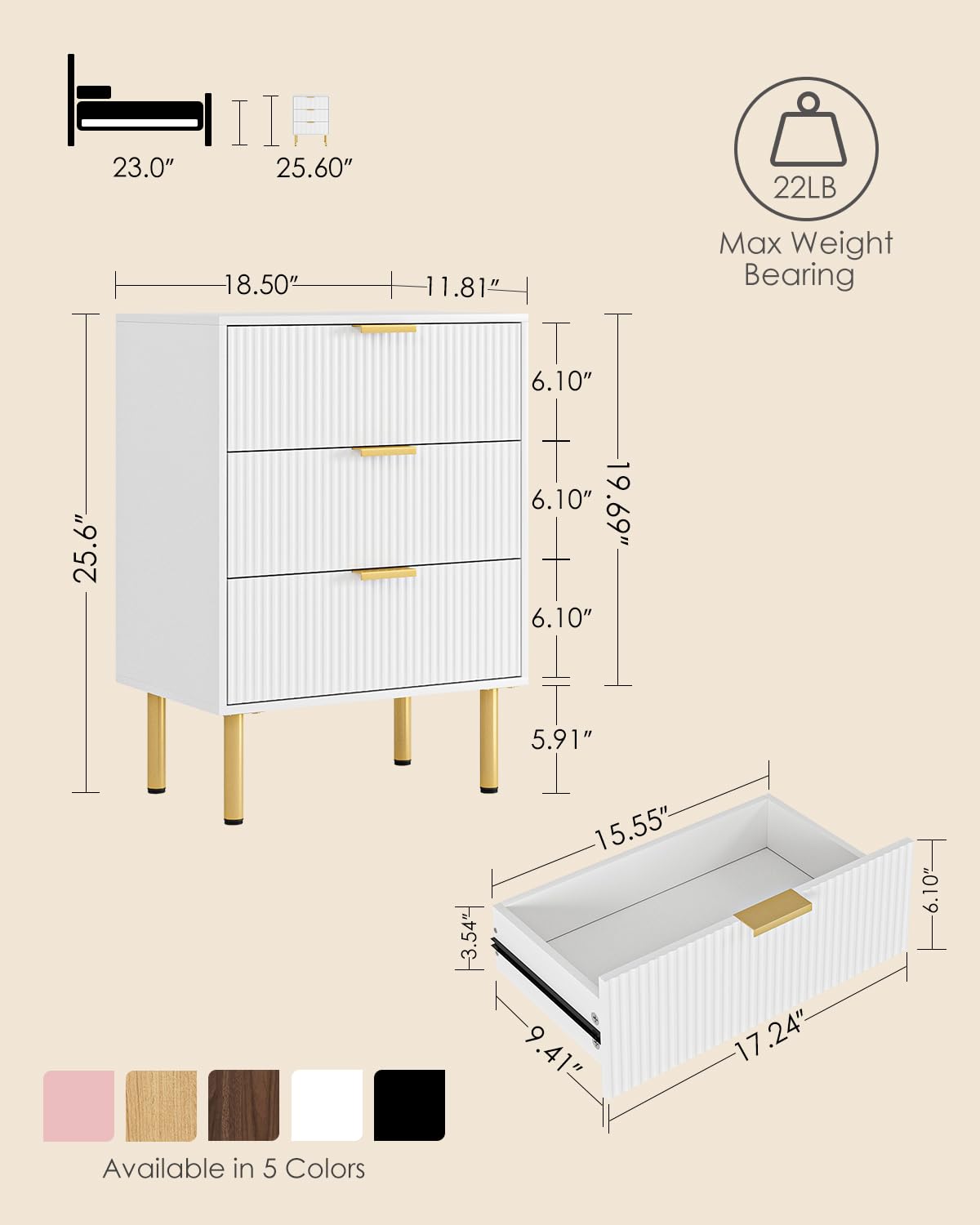 Apetaccat Bedside Table with 3 Drawers, Modern Bedside Cabniet with Metal Legs, Fluted Nightstand, Side Table for Bedroom, Living Room, Office