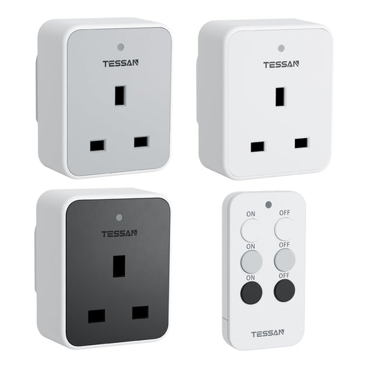 TESSAN Remote Control Plug Socket UK, 30M/100ft Operating Range, Programmable Wireless Plug Work for Household Appliances, Bedroom, 3 Socket and 1