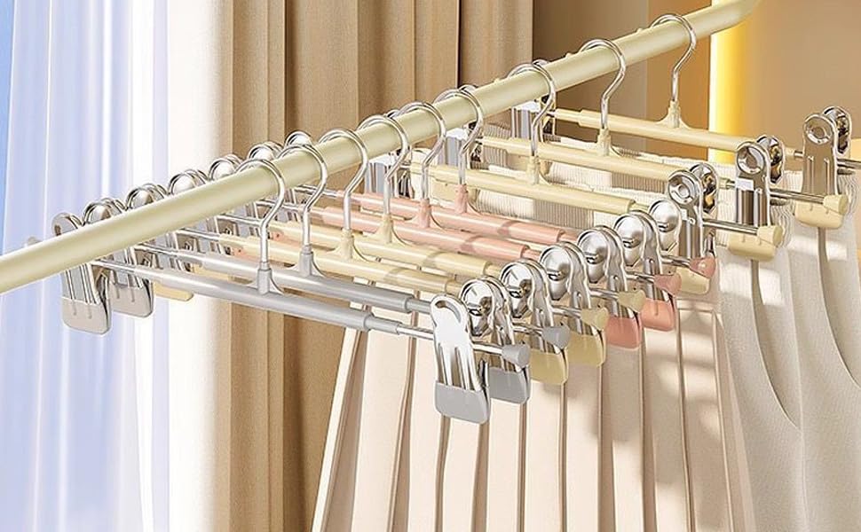 10Pack Trouser Hangers -Skirt Hangers with Adjustable Non Slip Clips Strong Chrome- Space Saving Pant Hangers,Heavy Duty Metal Hangers for Shorts