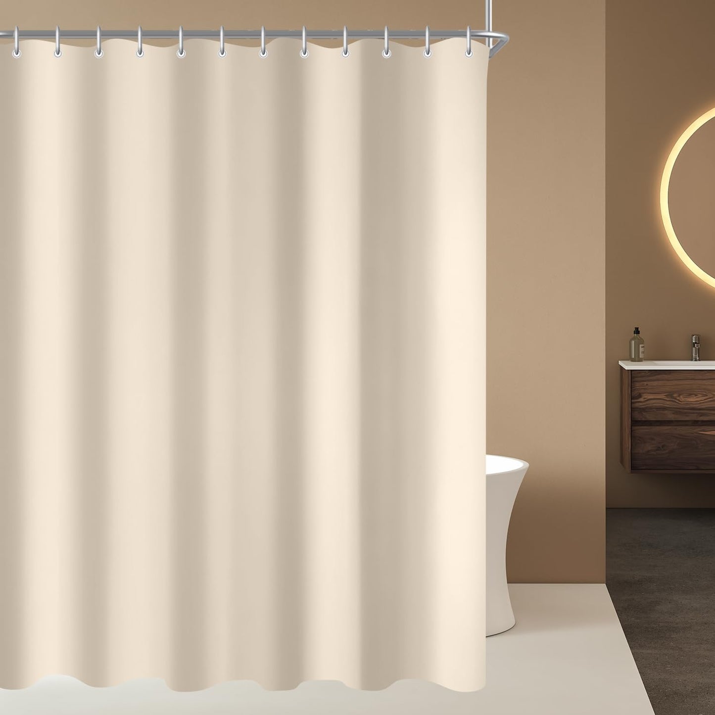 Lerores Shower Curtain, 170 x 240 cm, Beige, Weighted Hem, Anti-Mould Textile, Water-Repellent, Washable Polyester Fabric Bath Curtains for Bathroom