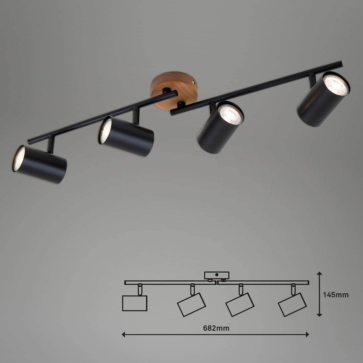 Briloner Leuchten 2920-045 Spotlight, Retro, Vintage Ceiling Light, can be rotated and swivelled, 4X GU10, Metal and Wood, Black, 682 x 90 x 145 mm (L