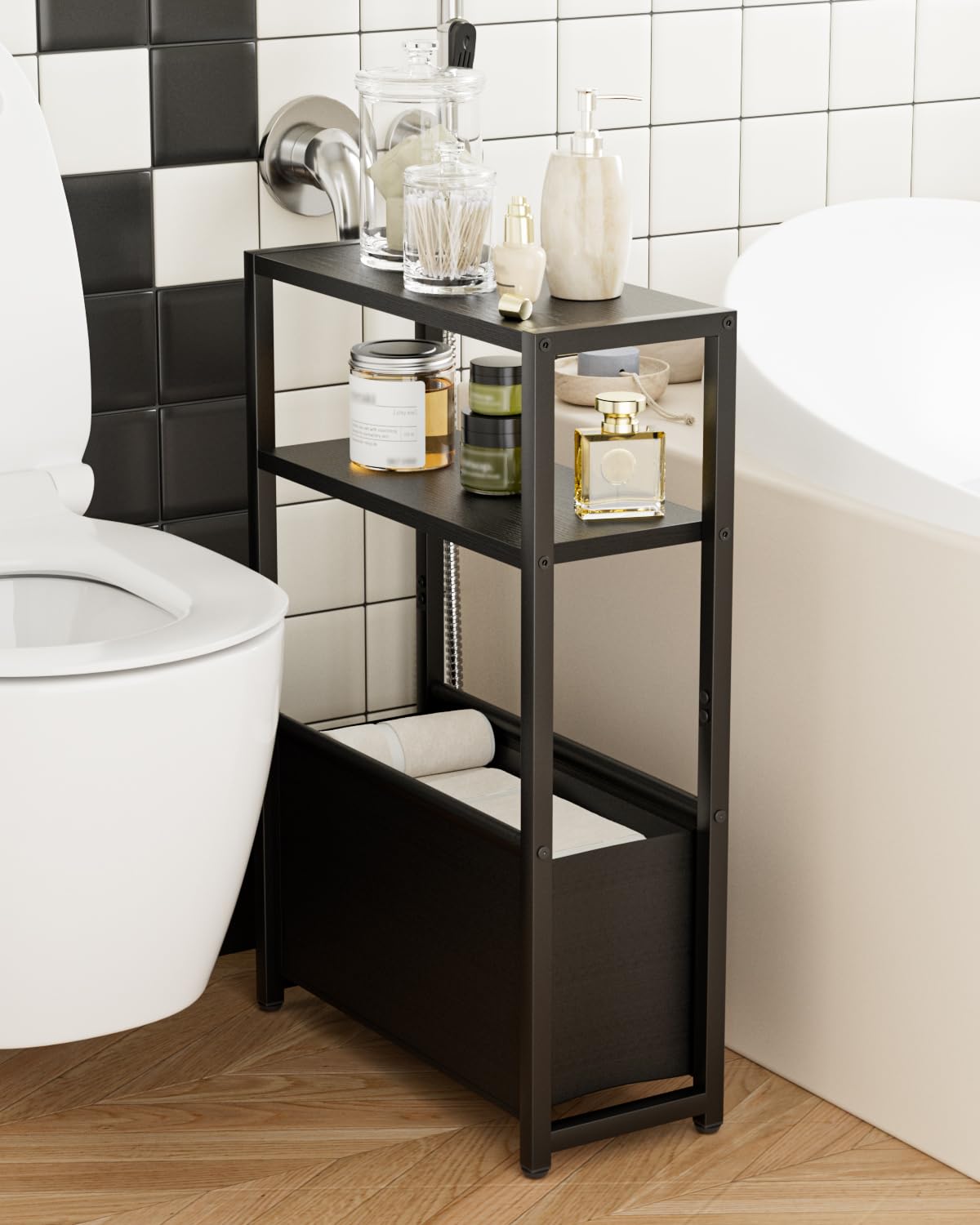 Apetaccat Narrow Side Table for Small Spaces, Small End Table with Storage Basket, Slim Bedside Table for Bedroom