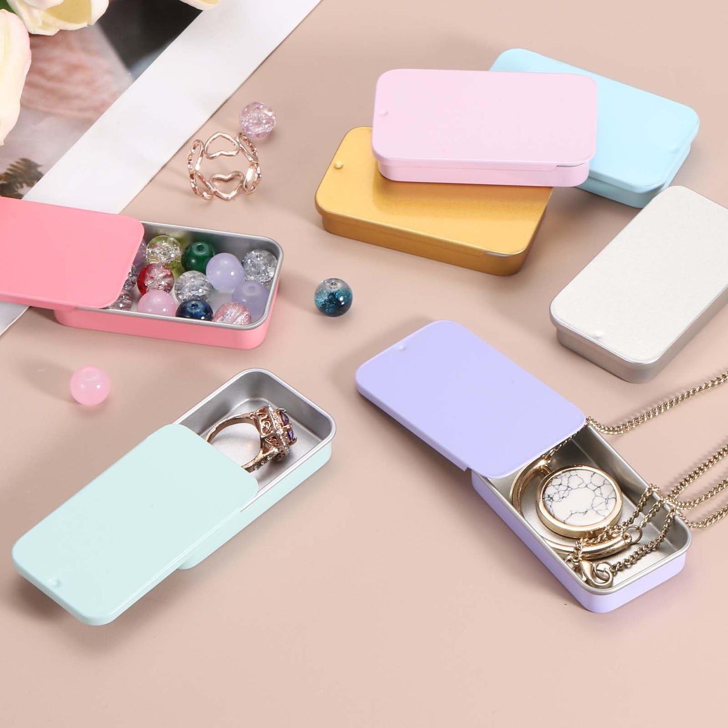 sourcing map 4 Pcs Metal Tin Box Container, 2.4x1.3x0.4 Slide Top Tin Containers Small Empty Rectangular Storage Box for Lip Balm Candies Jewelry