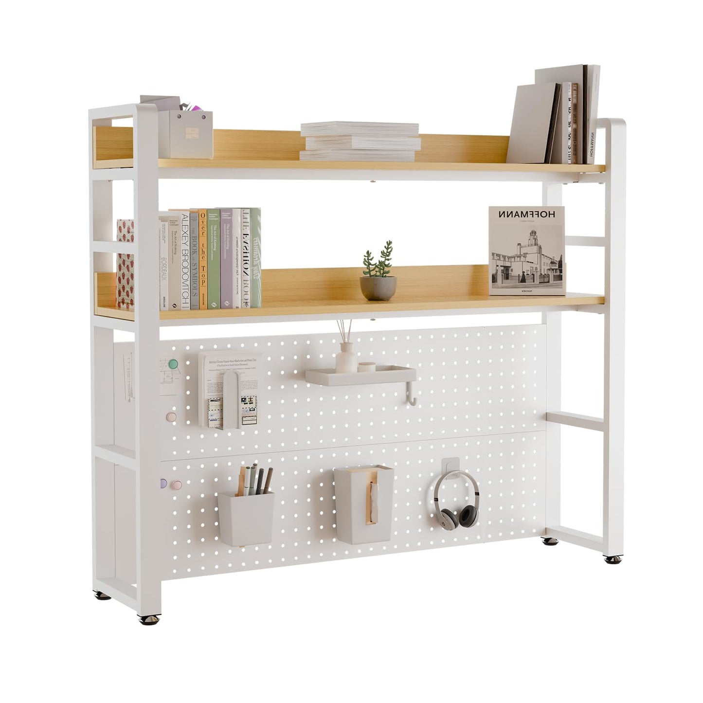 Boltmol 2-Tier Desk Shelf With Concealed Screws Design,Beige 110CM, Desktop Organizer With Pegboard, Countertop Storage Bookcase For Home
