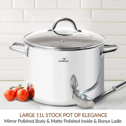 HOMICHEF Large Nickel Free Stainless Steel Stock Pot with Lid (29 cm, 11 Litre) - Mirror Polished Stock Pot 11L with Lid - Heavy Soup Pot with Lid -