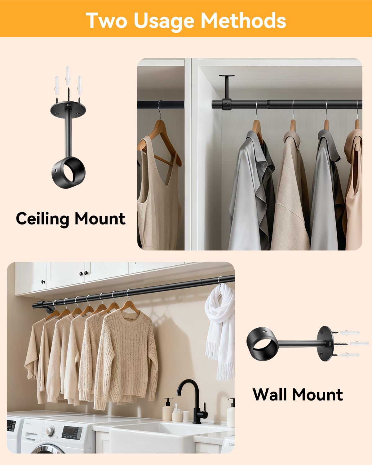 Supforce Wardrobe Rail, 43-99cm Ceiling and Wall Mounted Stepless Adjustable Wardrobe Hanging Rail, 3.3cm Heavy Duty Metal Wardrobe Pole for Wardrobe