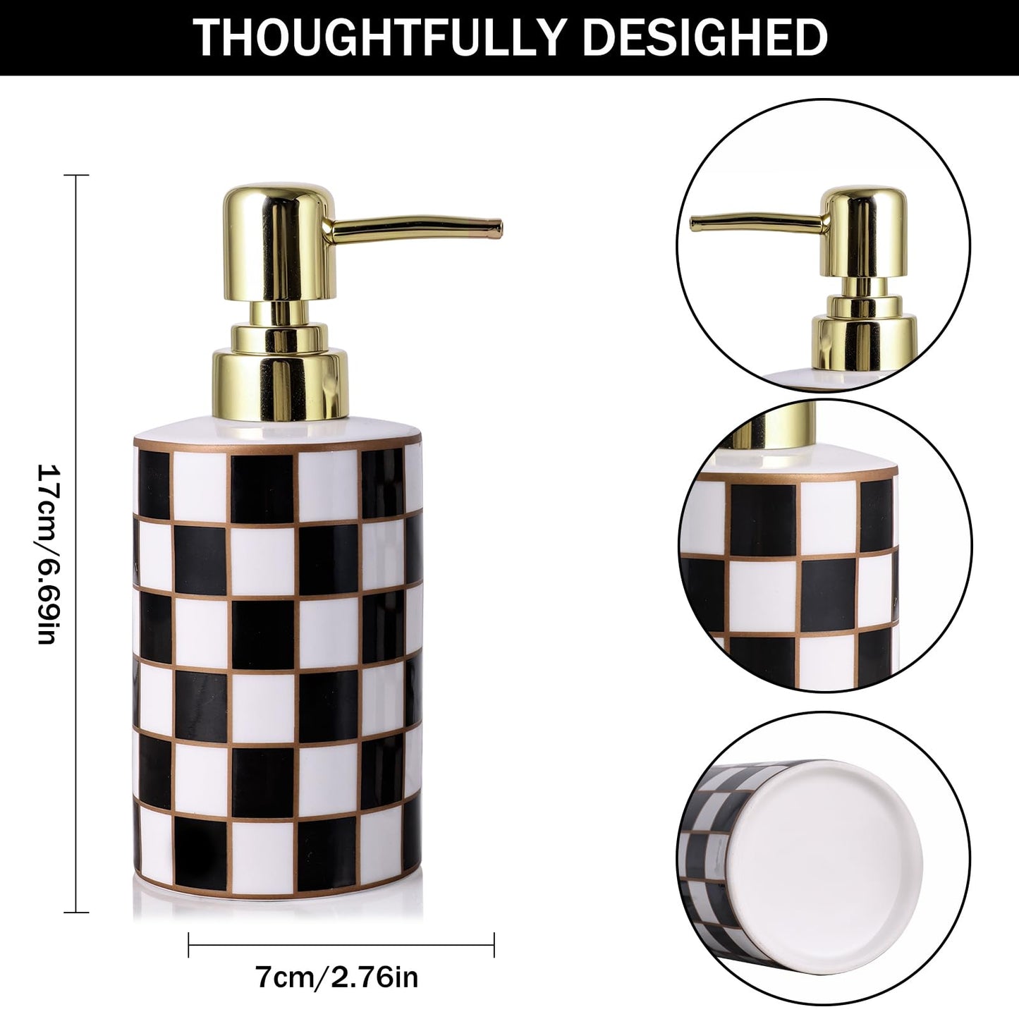 Checkered Bathroom Soap Dispenser,Gold Pump Ceramic Soap Dispenser,Kitchen Checkerboard Empty Pump Bottle,Bath Countertop Storage Organizer,Checkered