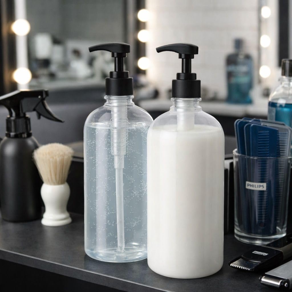 Barbers VIntage Universal Pump Dispenser Pack of 2, Fits Most popular Shampoo, Conditioner size, 1 Litre, 1000ml, 750ml, 500ml (Black)