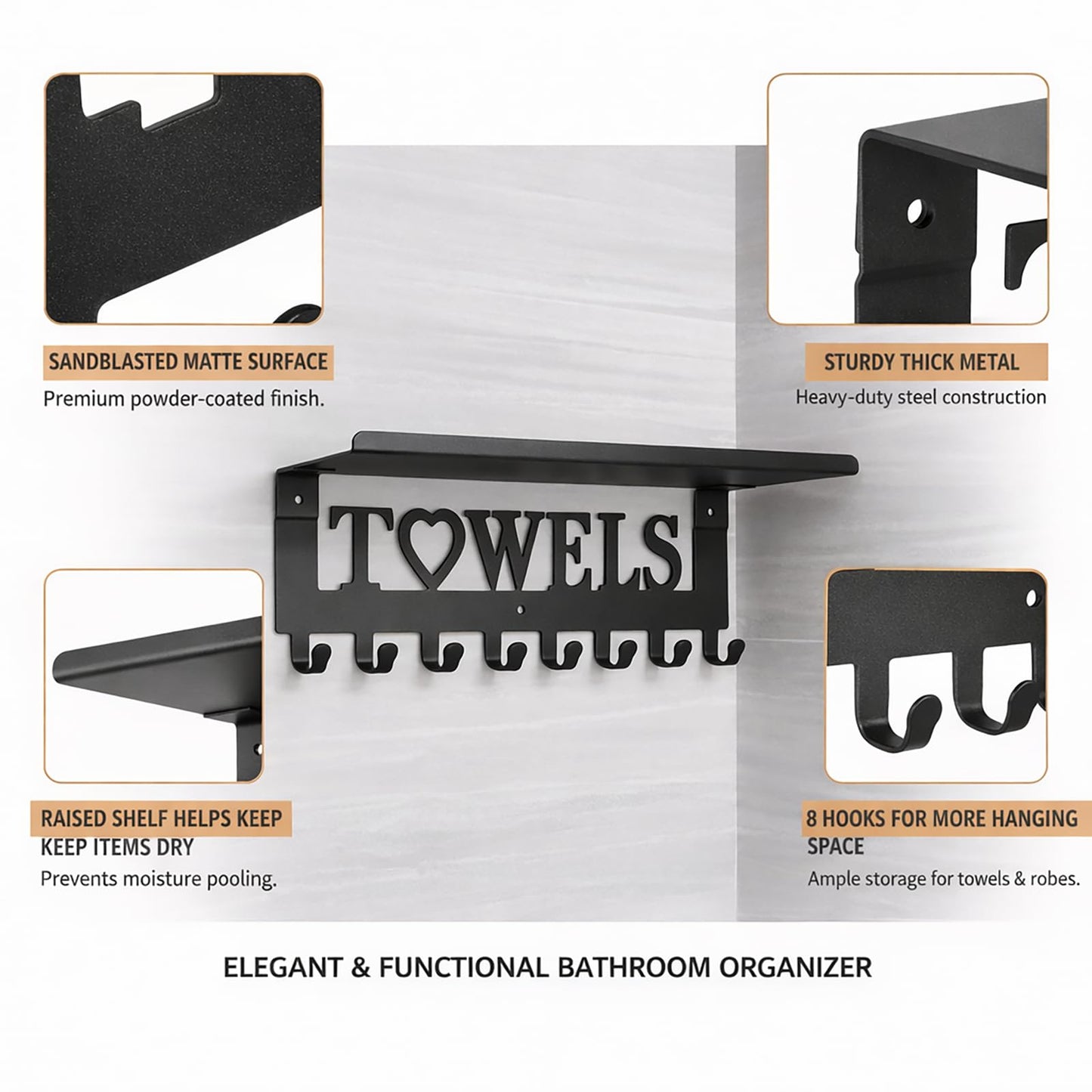 Raoletin Metal Hot Tub Towel Rack Wall Mounted Towel Holder with Shelf and 8 Towels Hooks for Bathrooms