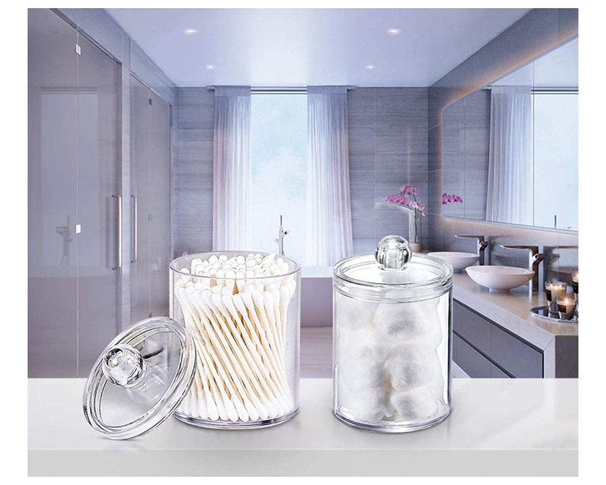 SCSpecial Acrylic Cotton Ball and Swab Holder with Lid 2 Pieces Apothecary Jars Bathroom Canisters for Cotton Rounds Cosmetic Pads