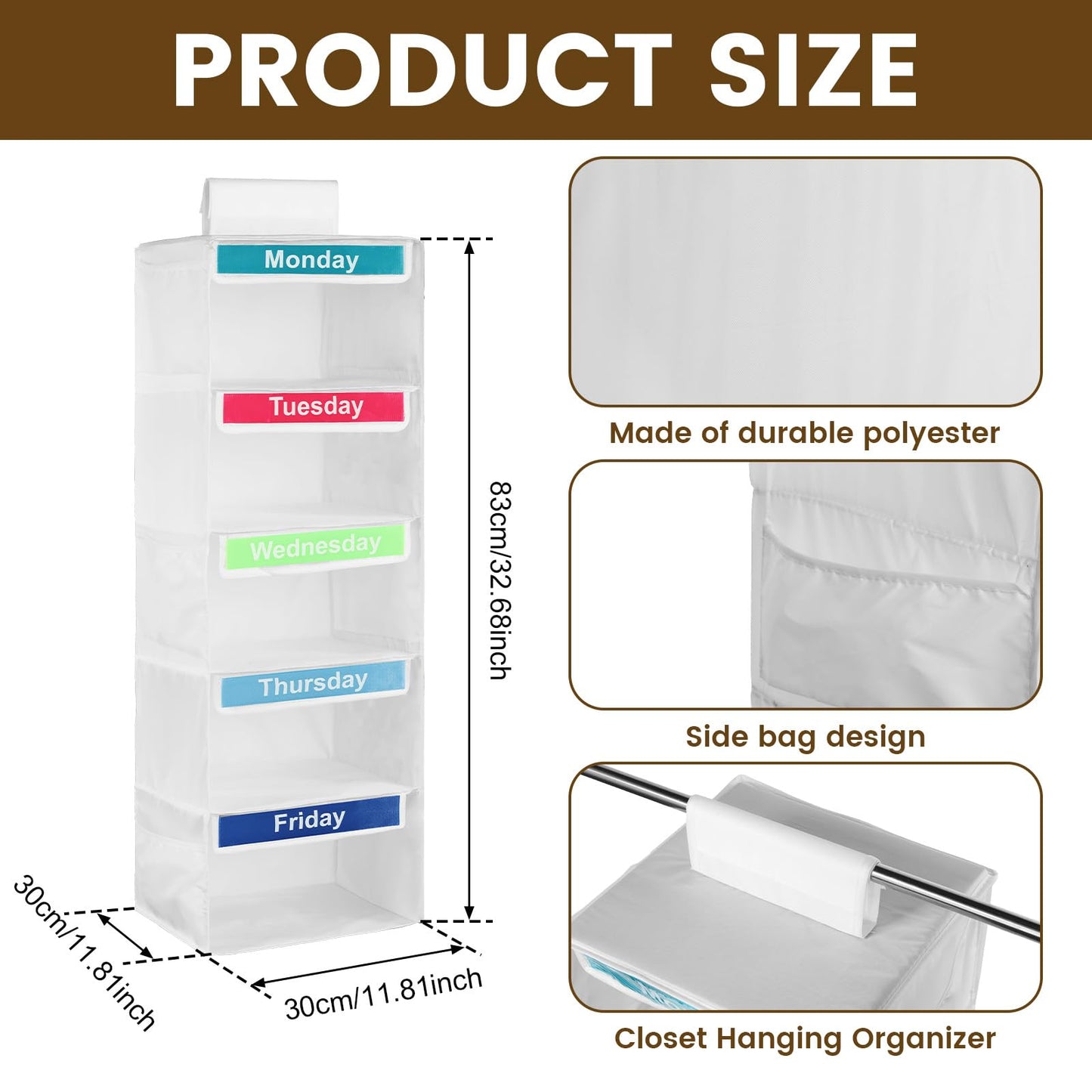 Weekly Clothes Organiser for Kids, 5-Shelf Hanging Storage Organiser for Daily Clothing, Day of The Week Children Clothes Organizer