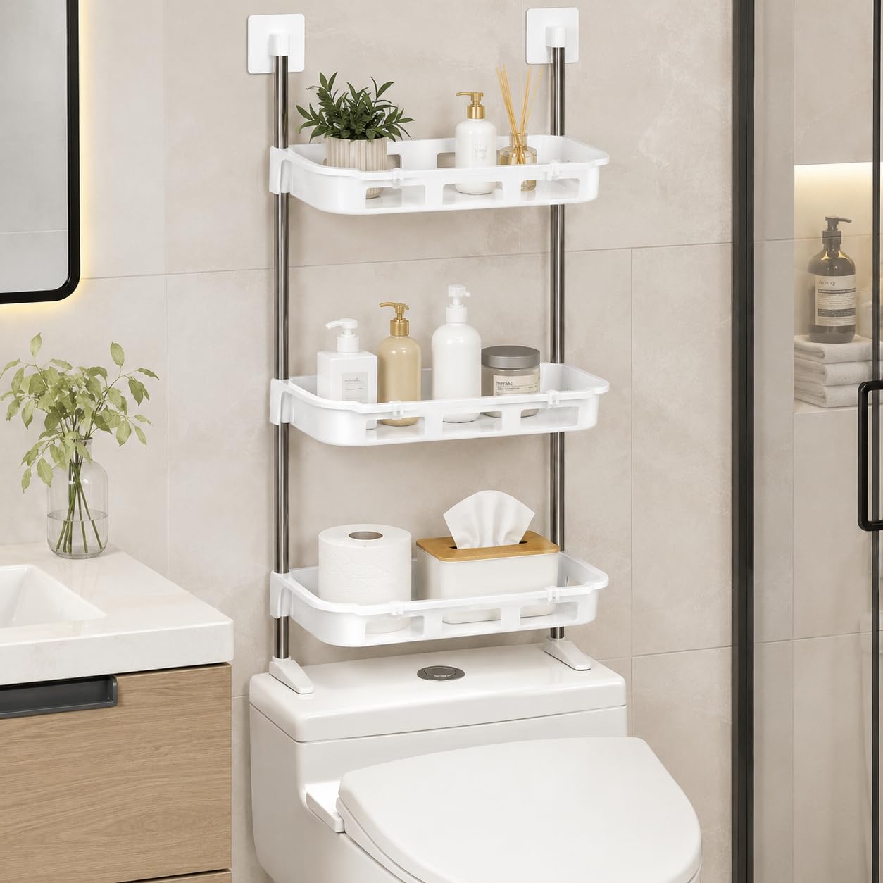 HitlineUK 3 Tier Storage Shelf, Large Capacity Bathroom Organizer, Shower Caddy, No-Drill Installation, Space-Saving Over Toilet Bathroom Shelf