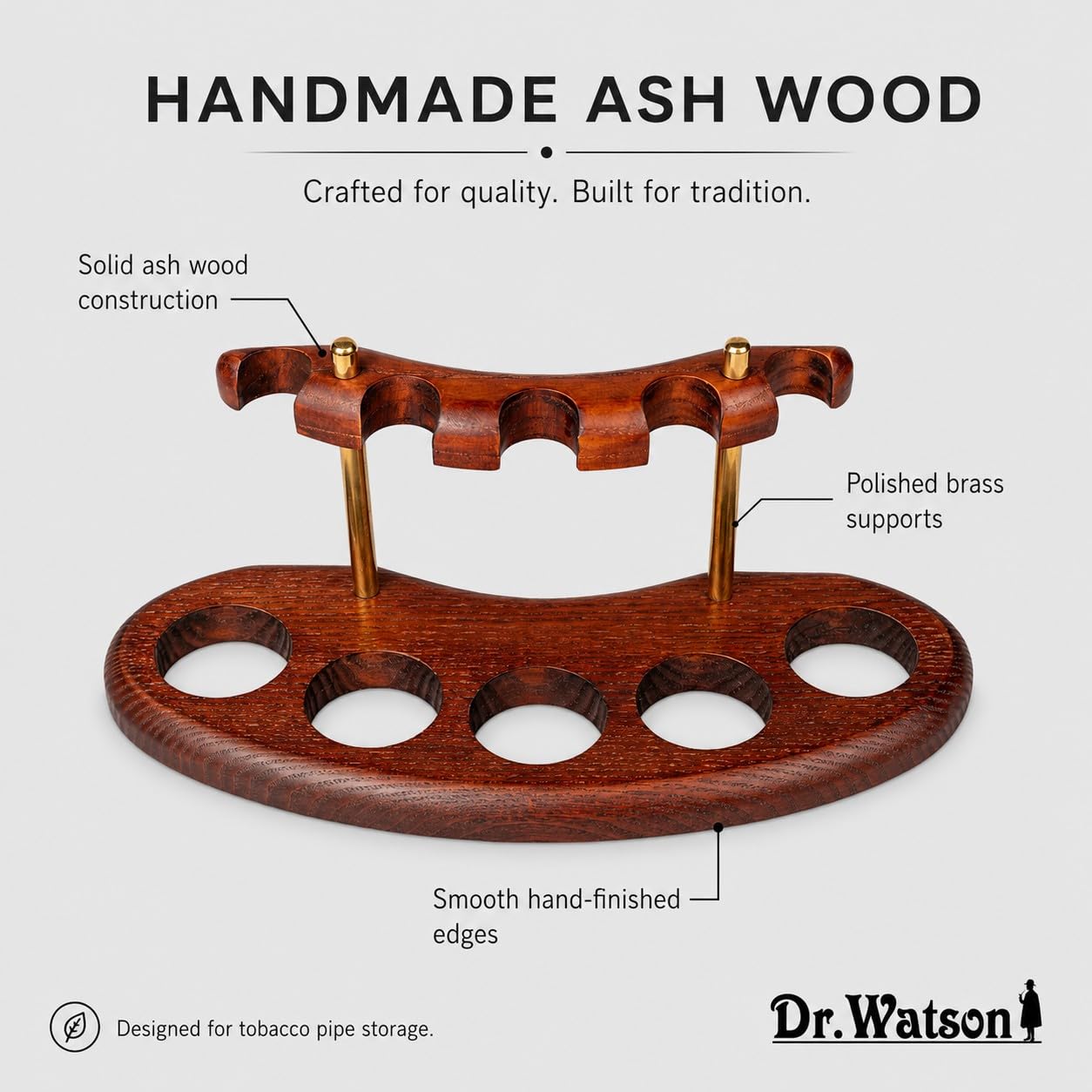 Dr Watson Tobacco Pipe Stand ARCH V, Solid Ash Wood, For 5 Pipes, Brown