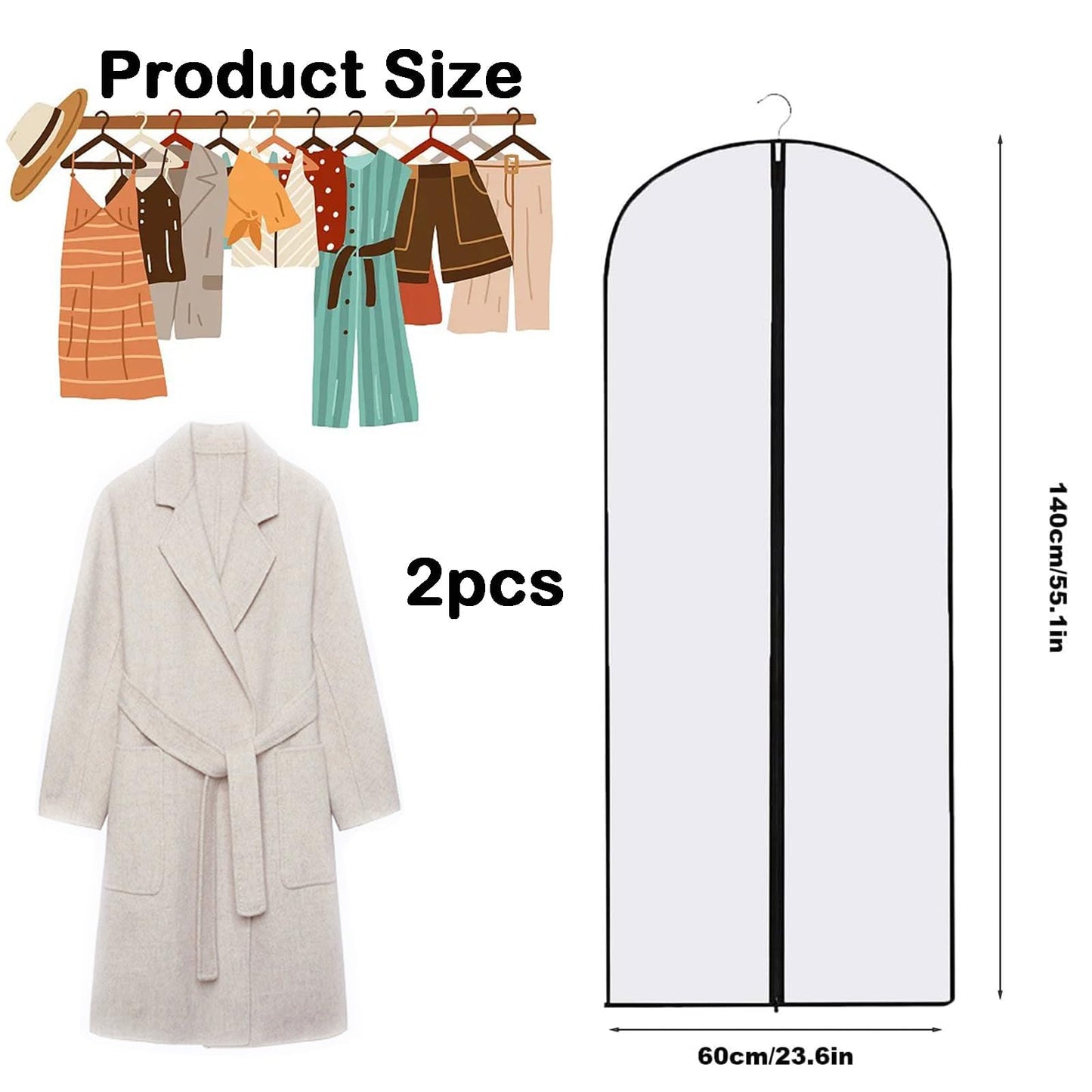 2PCS Dress Bags Covers Long Garment Covers Bag Dress Bag Long Dress Bags Covers Translucent with Zip Waterproof Dustproof Dress Covers Garment Bags