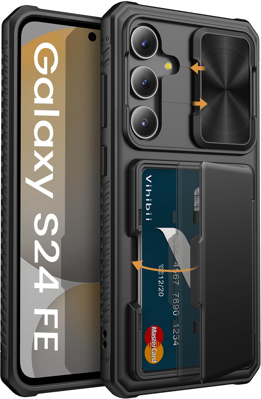 Vihibii for Samsung Galaxy S24 FE Case with Card Holder (4 Cards) [RFID Blocking] & Sliding Camera Cover &, Shockproof Rugged Hard Back & Silicone