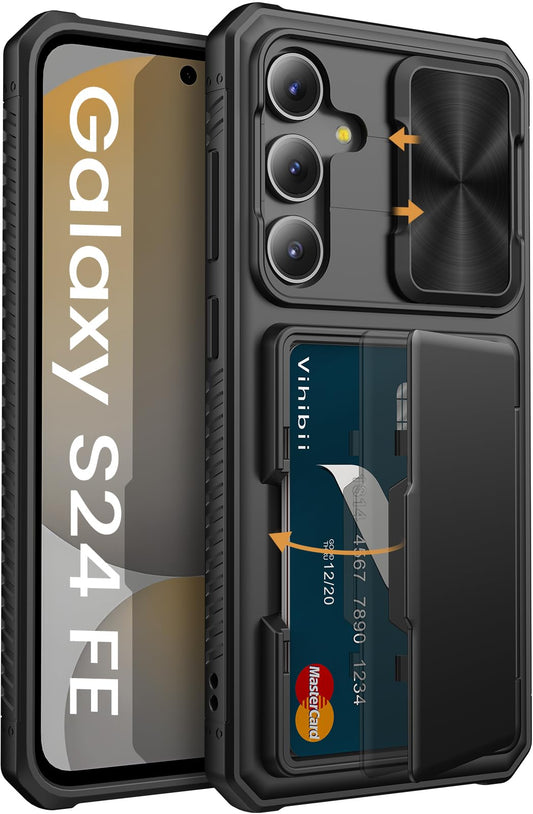 Vihibii for Samsung Galaxy S24 FE Case with Card Holder (4 Cards) [RFID Blocking] & Sliding Camera Cover &, Shockproof Rugged Hard Back & Silicone