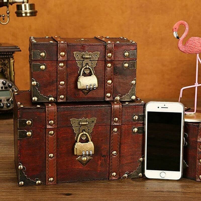 LIKEUDO Retro Jewelry Treasure Chest With Lock Vintage Wooden Trinket Storage Box (L (8.7x5.3x5.9in))
