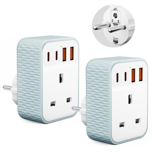 Vecbmn 2 Pack UK to European Plug Adapter, EU Schuko Travel Adaptor with 4 U-S-B Ports(2 USB C & 2 USB A), Travel Adaptors UK to EU for Germany Spain