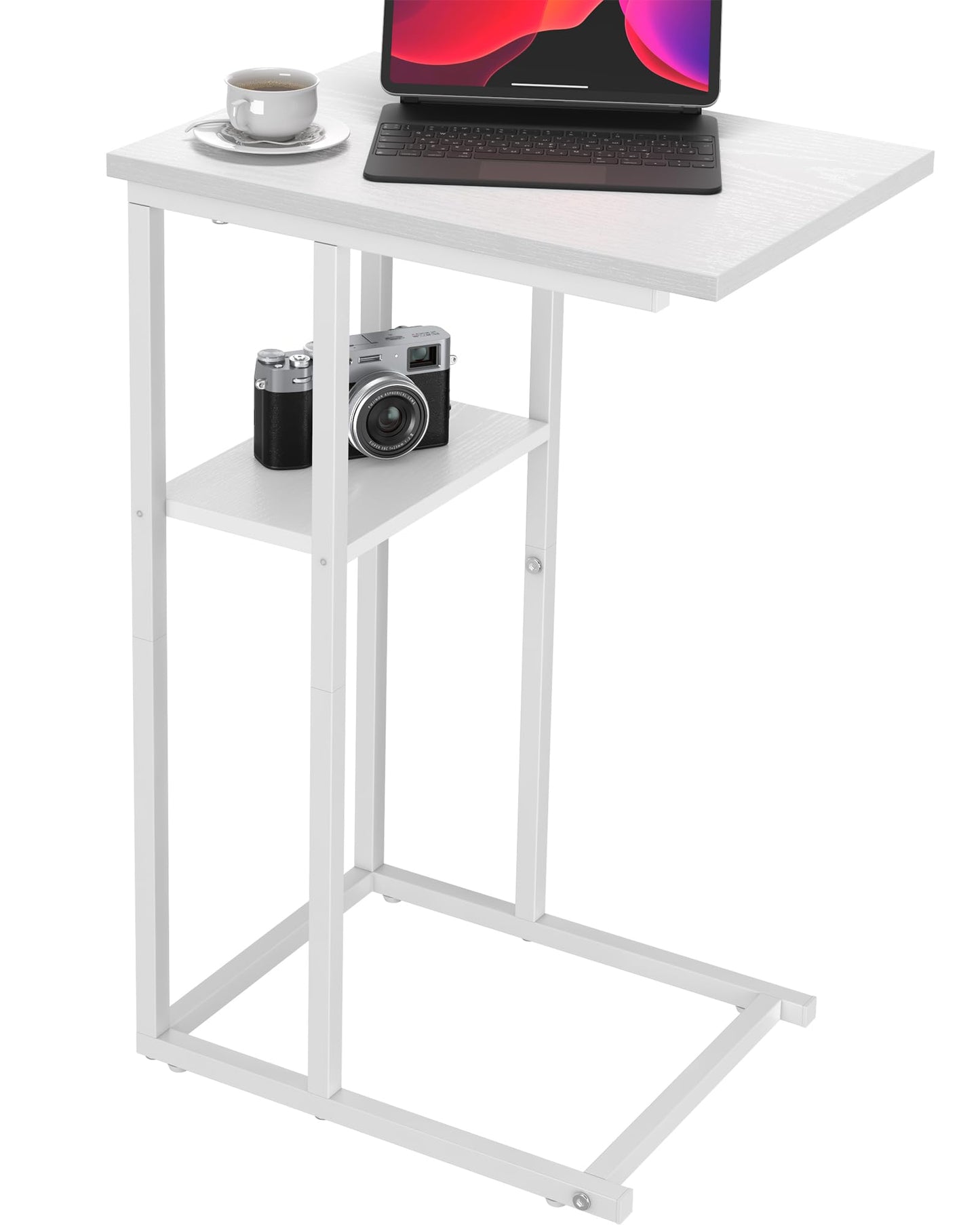 Yusong C Shaped End Table, Side Tables Slide Under Sofa Couch Bed, Small TV Tray Bedside Table for Small Spaces, Living Room, Bedroom, White