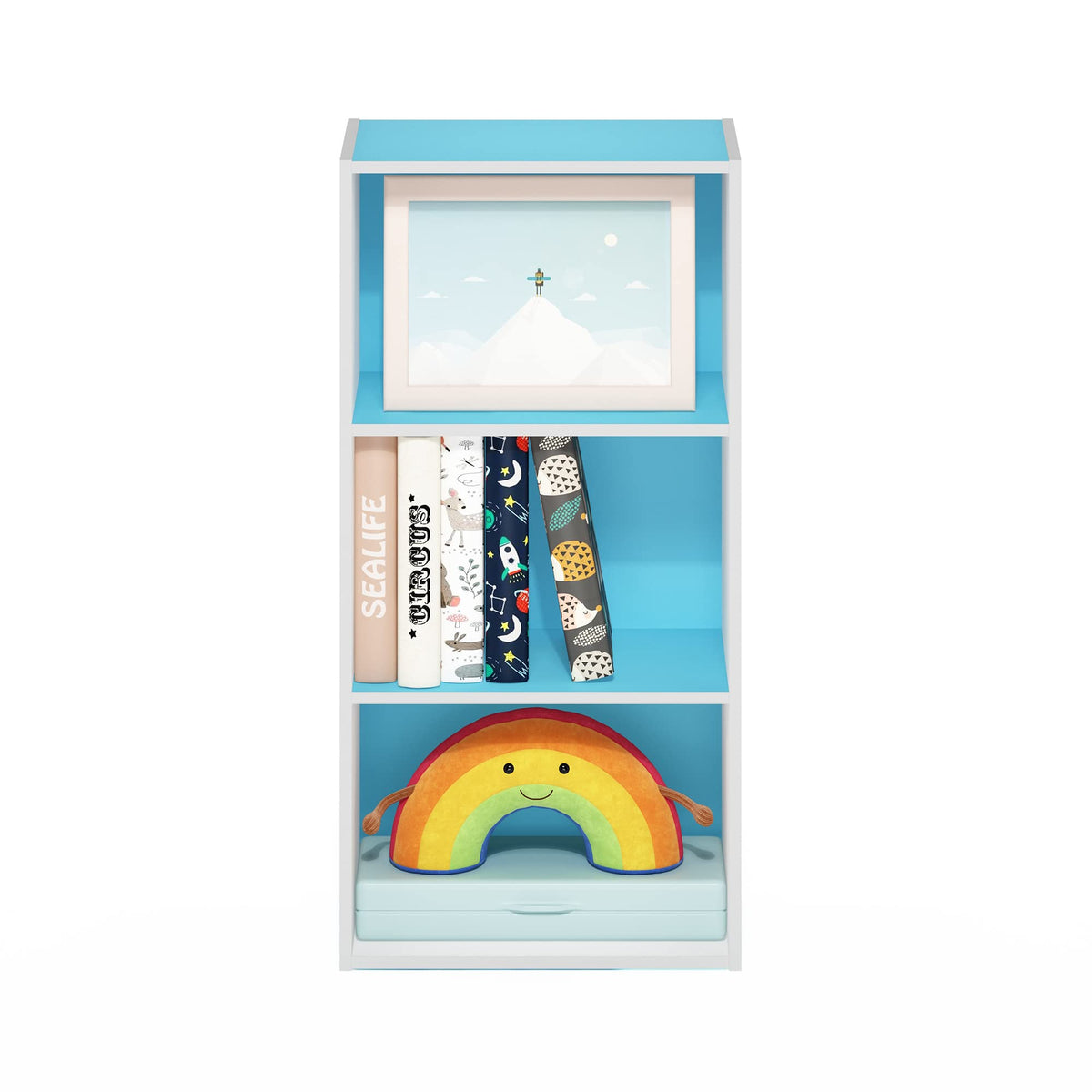 Furinno LUDER Book Shelf, 3-Tier Modern Bookshelf, Open Shelves Bookcase 9.3 x 16 x 31.4, for Living Room, Bedroom, Home Office, Light Blue/White