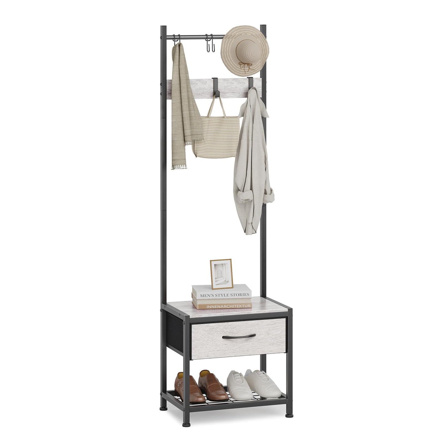 Narrow Coat Rack rustic Hall Tree Storage Unit 17.7"x12"x60.7" Greige