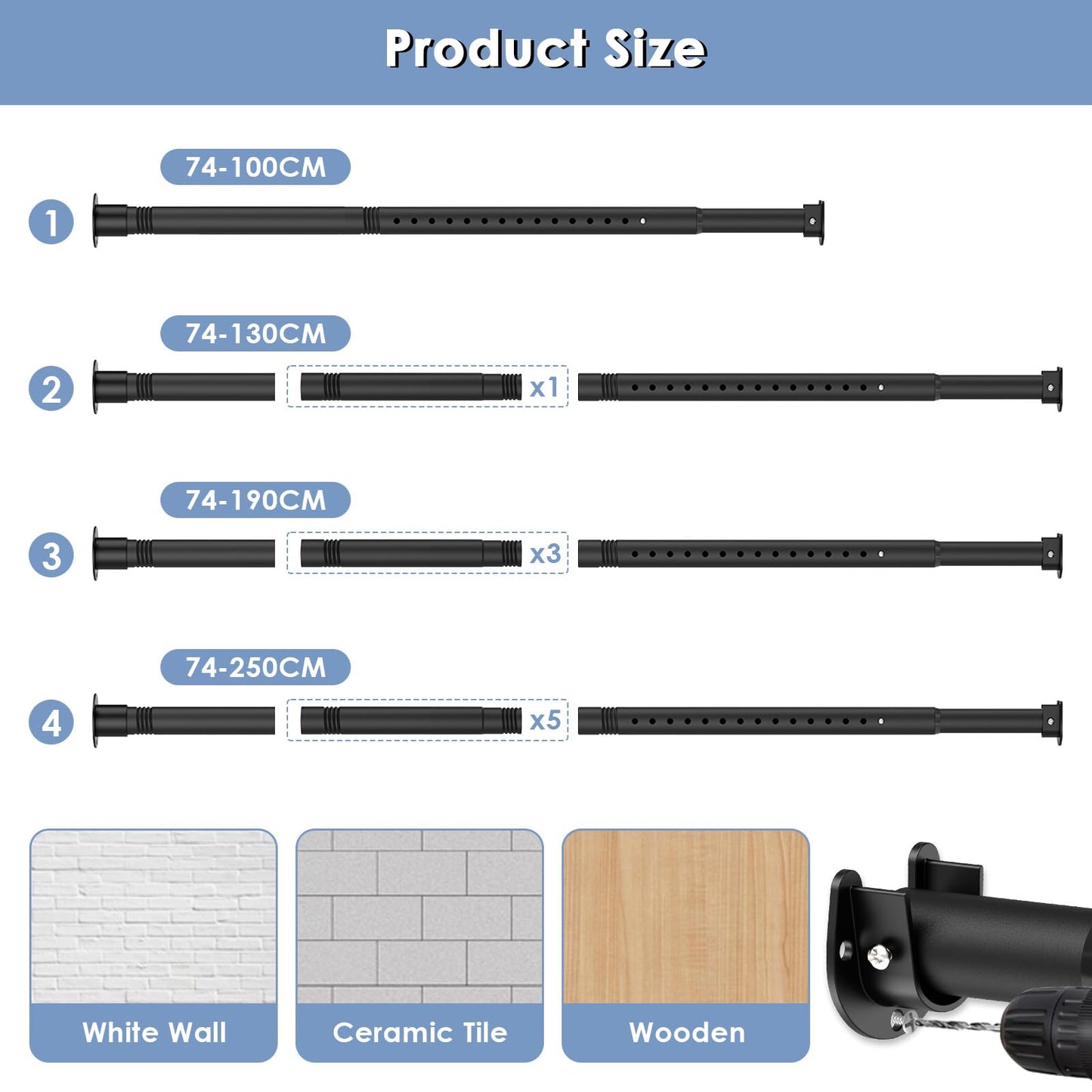 32mm Wardrobe Rail, Retractable Wardrobe Pole 74-190cm, Heavy Duty Clothes Rail with End Sockets and Screws for Balconies, Bathrooms, Wardrobes