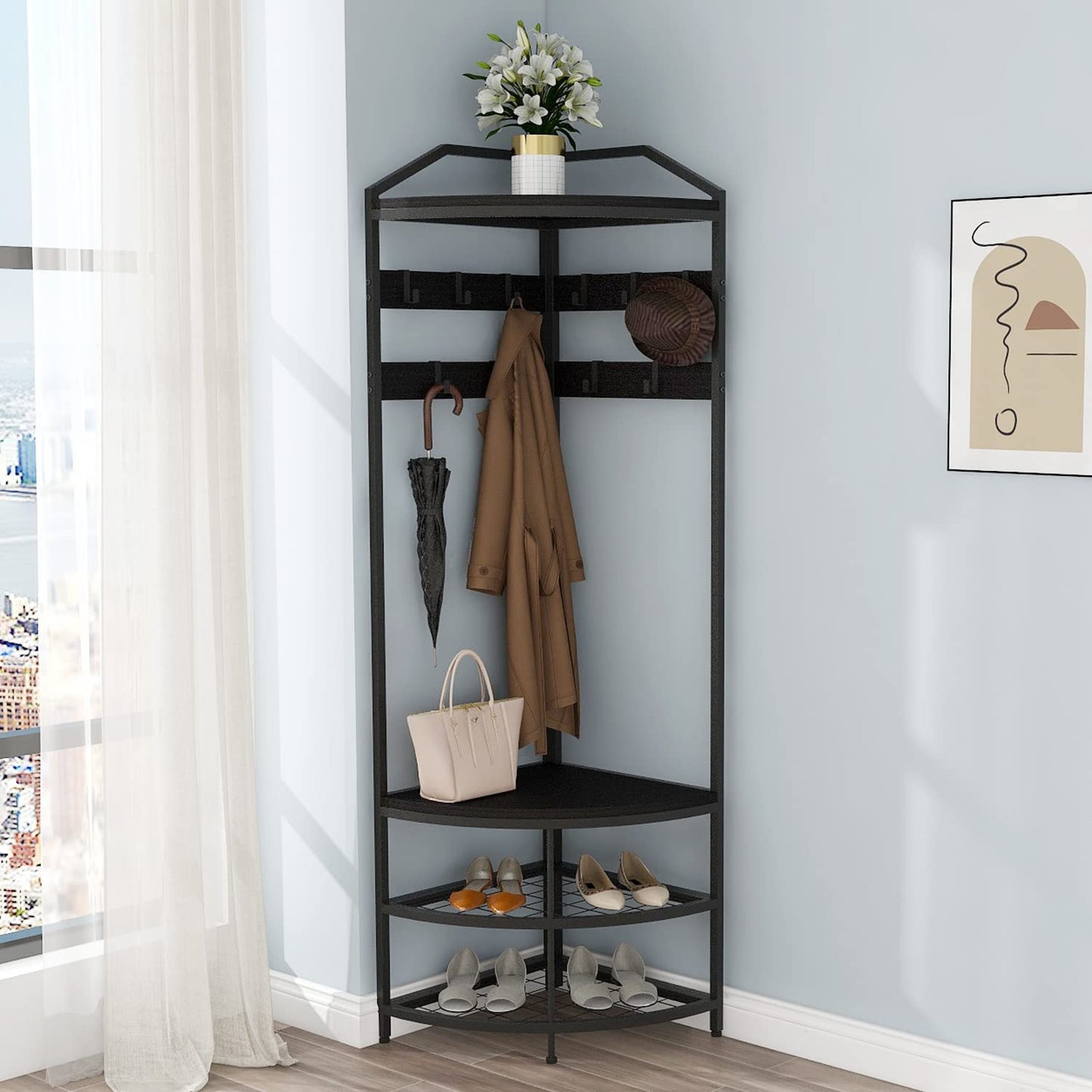 VEDECASA Coat Rack Stand with Shoe Storage Bench Free Standing Corner Hall Tree 4-Tier Corner Clothes Rack with 10 Metal Movable Hooks and Wooden