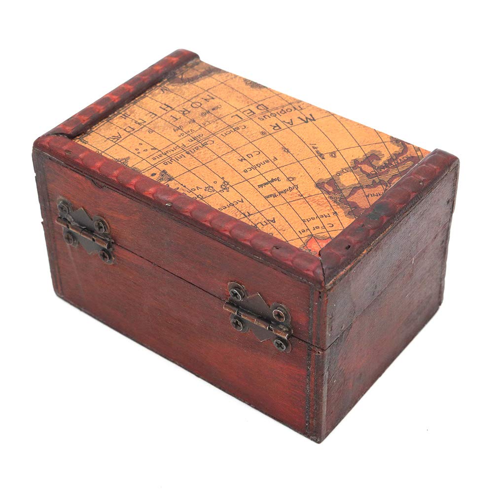 POFET Vintage Metal Lock Wooden Storage Box Jewelry Treasure Organizer Chest Case Gift Box - Map