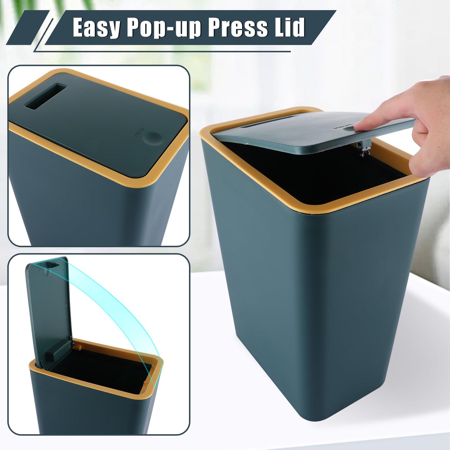 AHAQU 12L/2.6 Gallon Garbage Bin with Lid, Push Button Rubbish Bin for Kitchen, Plastic Slim Trash Can Dustbin for Bathroom, Bedroom, Living Room